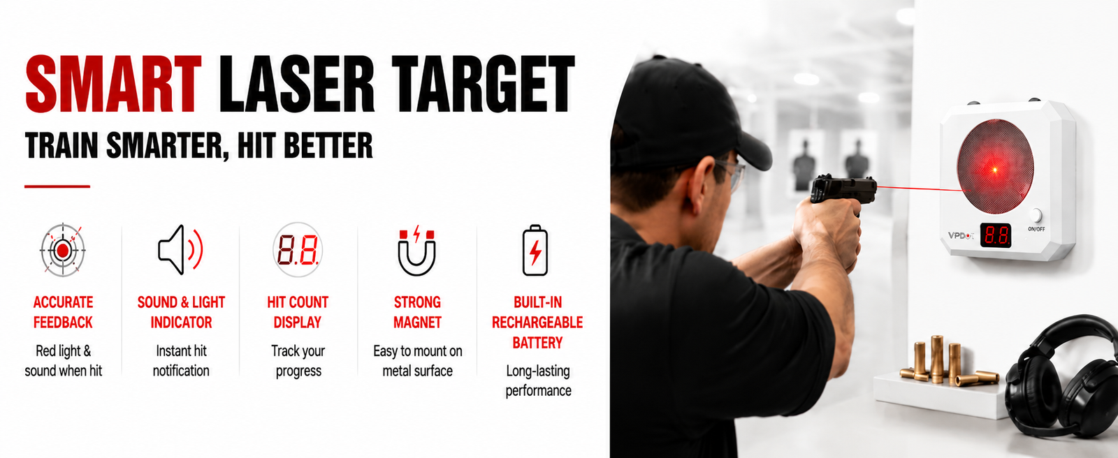 VPDOT Smart Laser Shooting Target with LED Hit Counter & Red/Green Sound-Light Feedback | Dry Fire Training Target for 9mm Laser Cartridges | 4 Difficulty Levels, Type-C Rechargeable