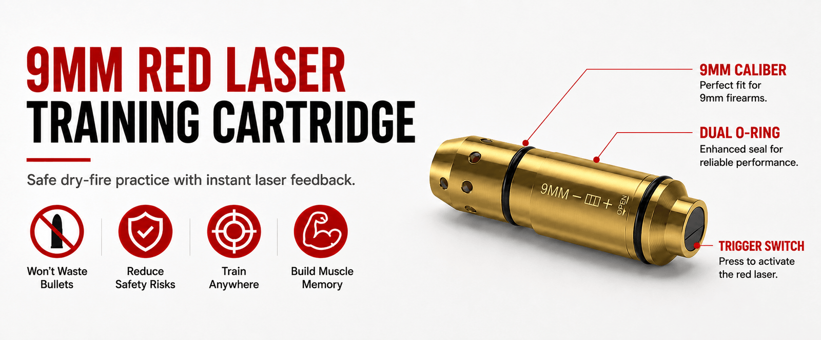 9mm Dry Fire Laser Training Cartridge | Cone Tip | VPDOT - No Ammo Needed