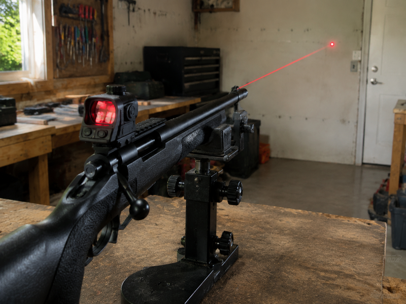 Rifle with red dot sight and visible laser bore sight beam in home garage setup