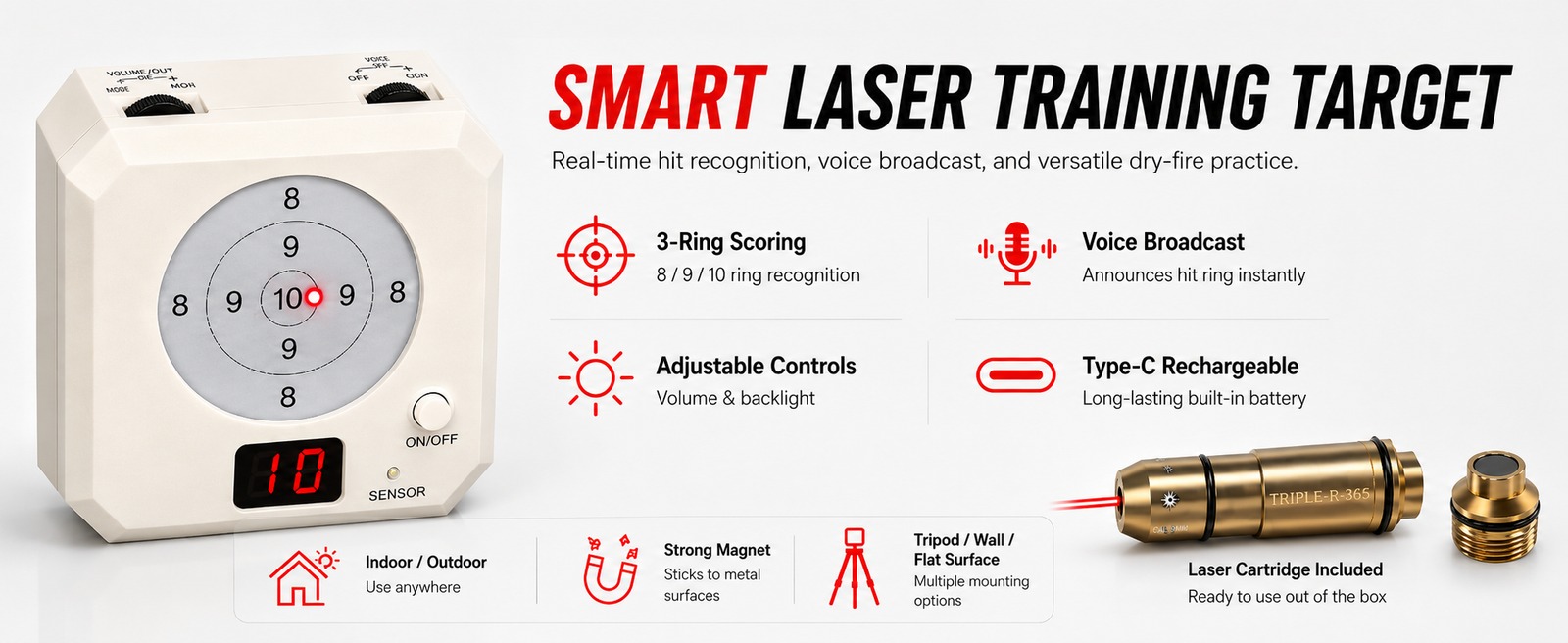 VPDOT 3-Ring Laser Shooting Target with Scoring Display & Voice Feedback，Rechargeable Dry Fire Target for 9mm Laser Cartridge Training, Indoor