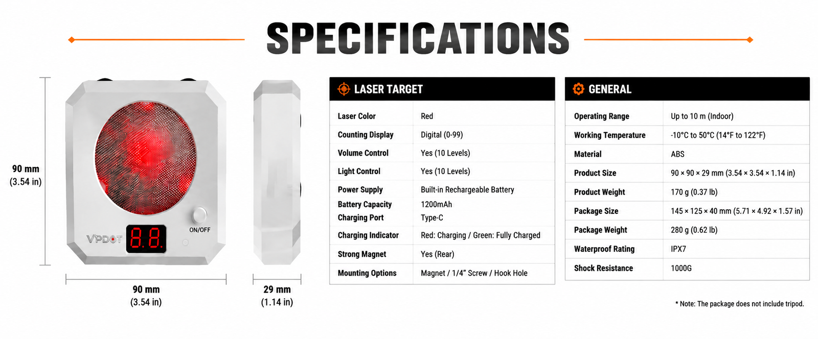VPDOT Smart Laser Shooting Target with LED Hit Counter & Red/Green Sound-Light Feedback | Dry Fire Training Target for 9mm Laser Cartridges | 4 Difficulty Levels, Type-C Rechargeable