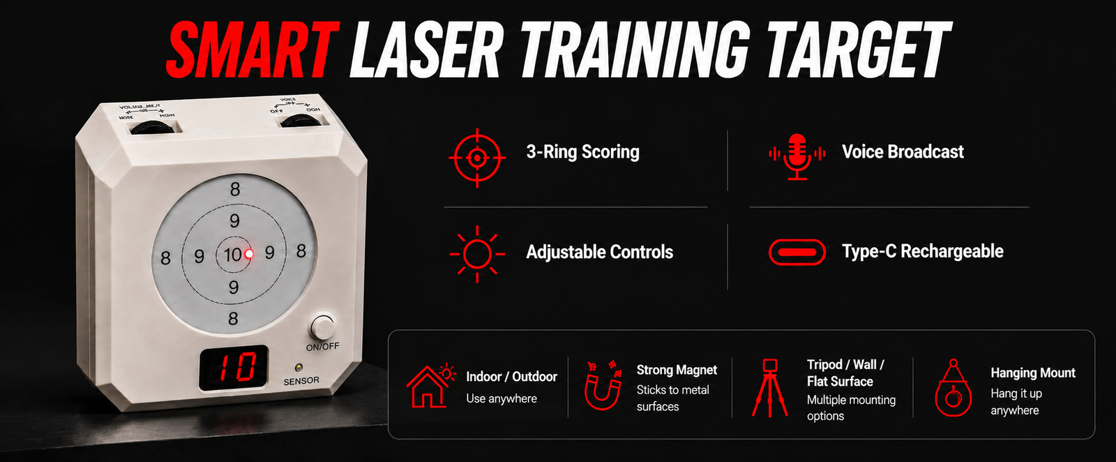 VPDOT 3-Ring Laser Shooting Target | Scoring Display | Voice Feedback