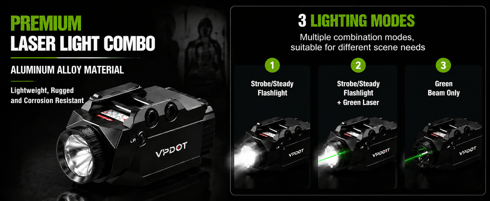 VPDOT Laser Sight & LED Light Combo with Dry Fire Training and 1000 Lumens Tactical Flashlight, Green/Red Laser, USB-C Rechargeable, Fits Pistol & Rifle Picatinny Rails