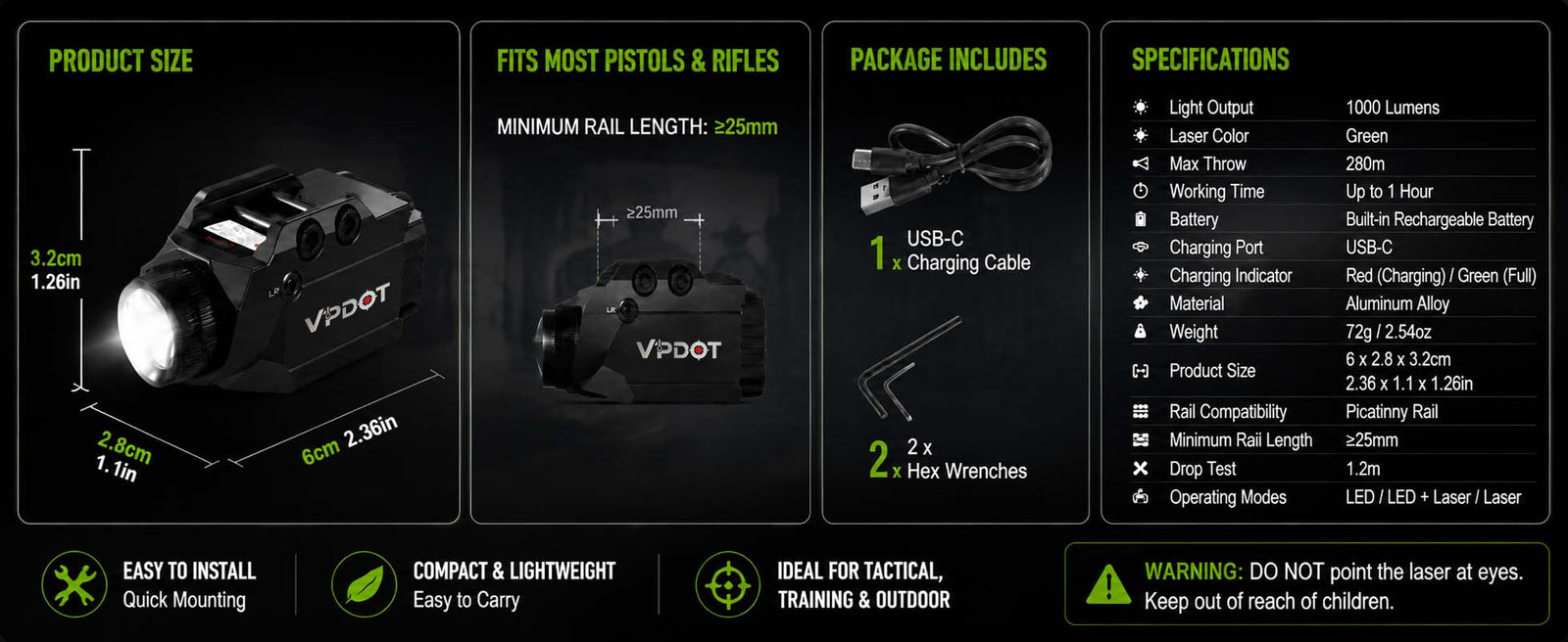 VPDOT Laser Sight & LED Light Combo with Dry Fire Training and 1000 Lumens Tactical Flashlight, Green/Red Laser, USB-C Rechargeable, Fits Pistol & Rifle Picatinny Rails