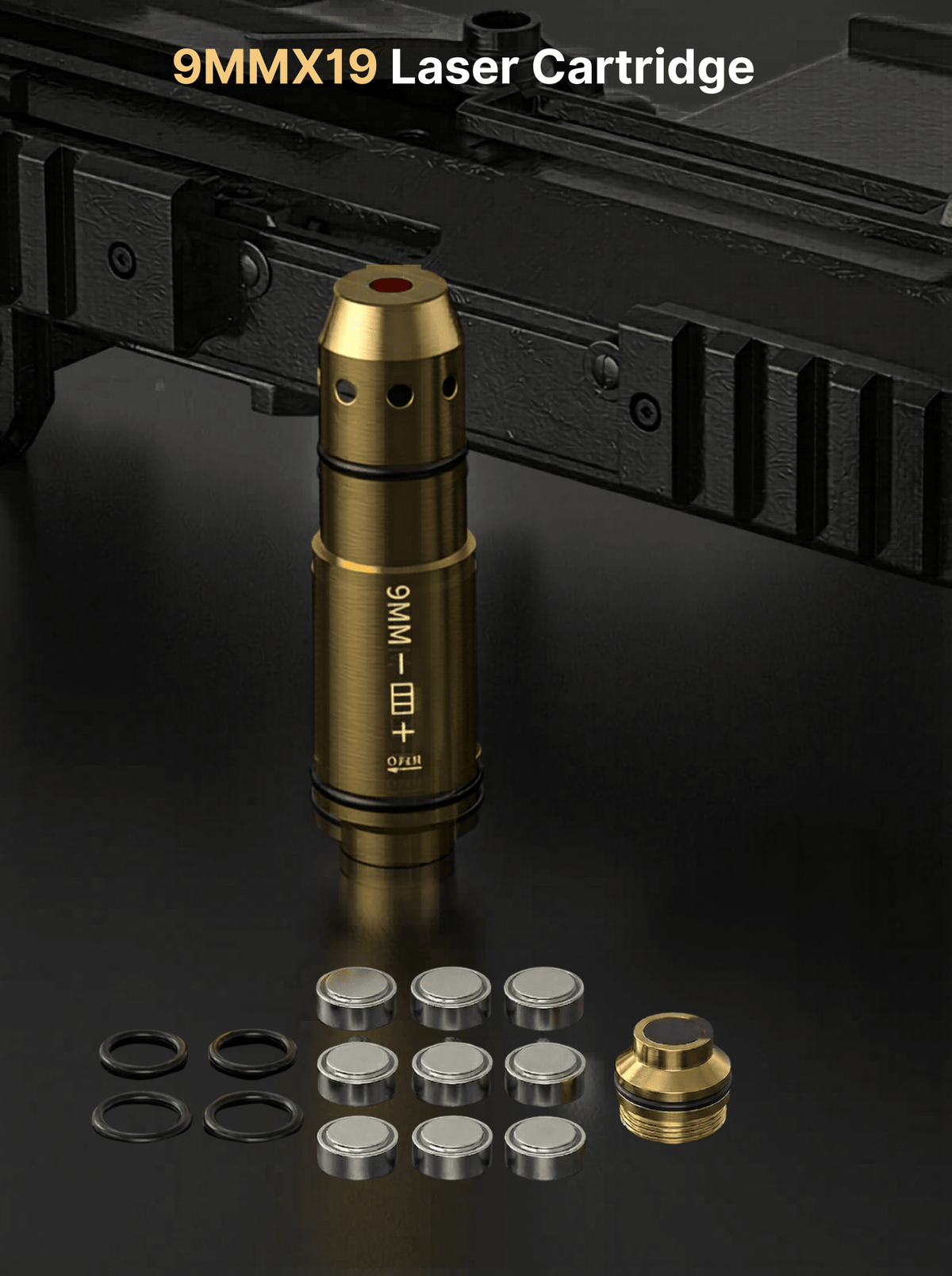 VPDOT 9mm x19 brass laser training cartridge inserted in pistol dry fire system