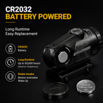 VPDOT prism scope CR2032 battery powered long runtime up to 50000 hours shake awake motion activated