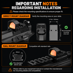 Diagram showing mounting specifications for a firearm sight with direct and rail mount diagrams.