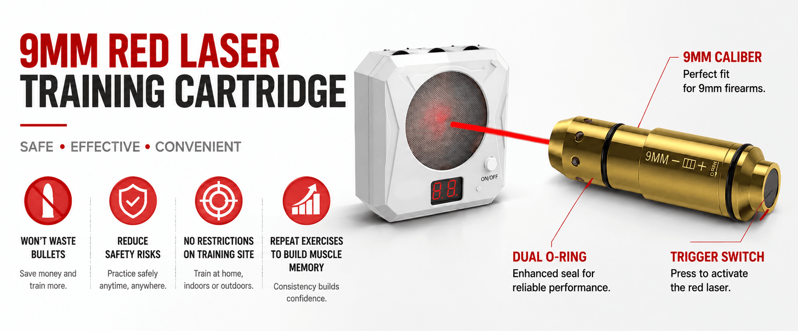 9mm Dry Fire Laser Training Cartridge | Cone Tip | VPDOT - No Ammo Needed