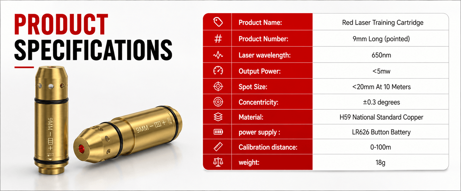 9mm Dry Fire Laser Training Cartridge | Cone Tip | VPDOT - No Ammo Needed