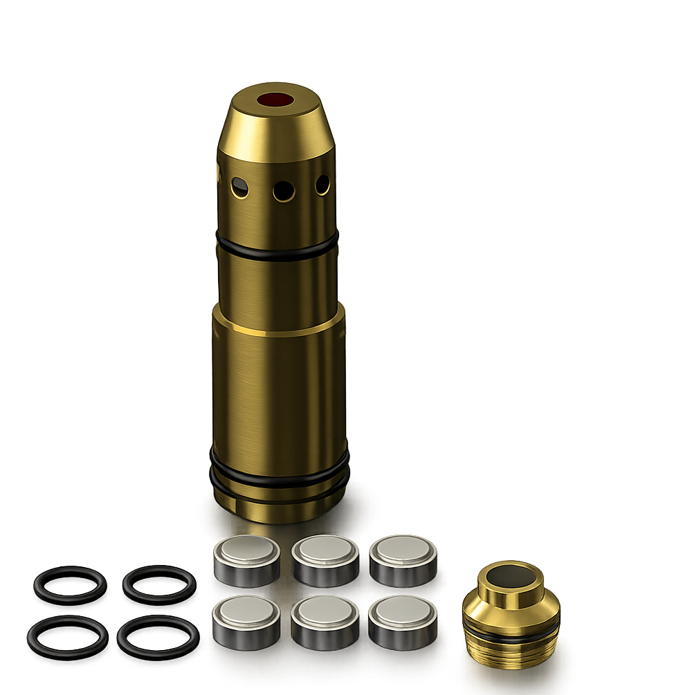 VPDOT 9mm red laser training cartridge, brass construction with O-rings