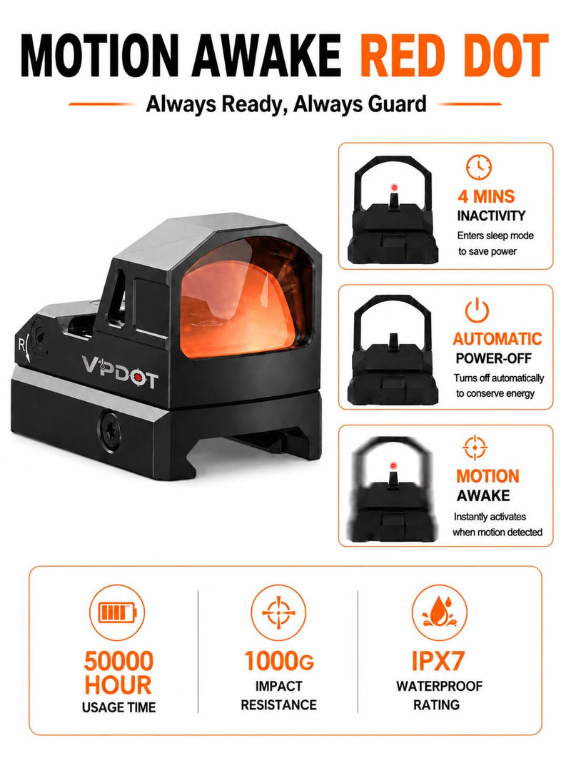 VPDOT KF-22 Mini Reflex Red Dot Sight | 2 MOA | Shake Awake | IPX7