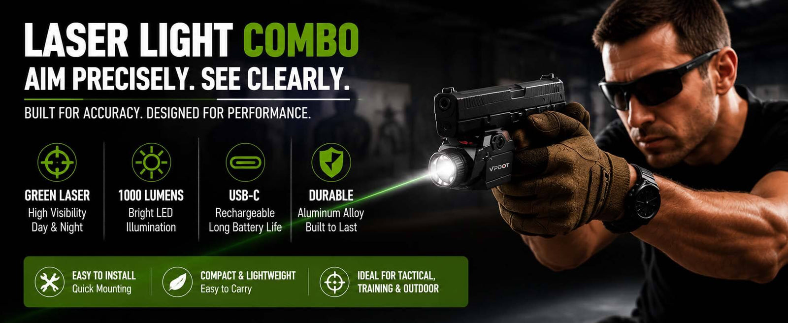 VPDOT Laser Sight & LED Light Combo with Dry Fire Training and 1000 Lumens Tactical Flashlight, Green/Red Laser, USB-C Rechargeable, Fits Pistol & Rifle Picatinny Rails
